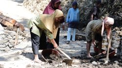 Dengan penuh semangat, ia mendorong angkong berisi tanah untuk mendukung pekerjaan pengecoran rabat beton sepanjang 737 meter, lebar 2,5 meter, dan tebal 0,15 meter di Dusun Kunir RT 01/09, Desa Gumelem Kulon, Kecamatan Susukan, Senin (27/07/2026).