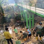 Personel Satgas TMMD ke-129 Kodim 0813/Bojonegoro bersama warga melaksanakan kerja bakti membersihkan area Jembatan Brang Etan, Desa Kesongo, Kecamatan Kedungadem, Kabupaten Bojonegoro.