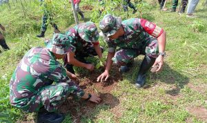 Di sela pengerjaan rabat beton sepanjang 737 meter dengan lebar 2,5 meter dan ketebalan 0,15 meter, anggota Satgas TMMD bersama warga menggelar aksi penghijauan di Dusun Kunir RT 01/09, Desa Gumelem Kulon, Kecamatan Susukan, Rabu (5/8/2026)